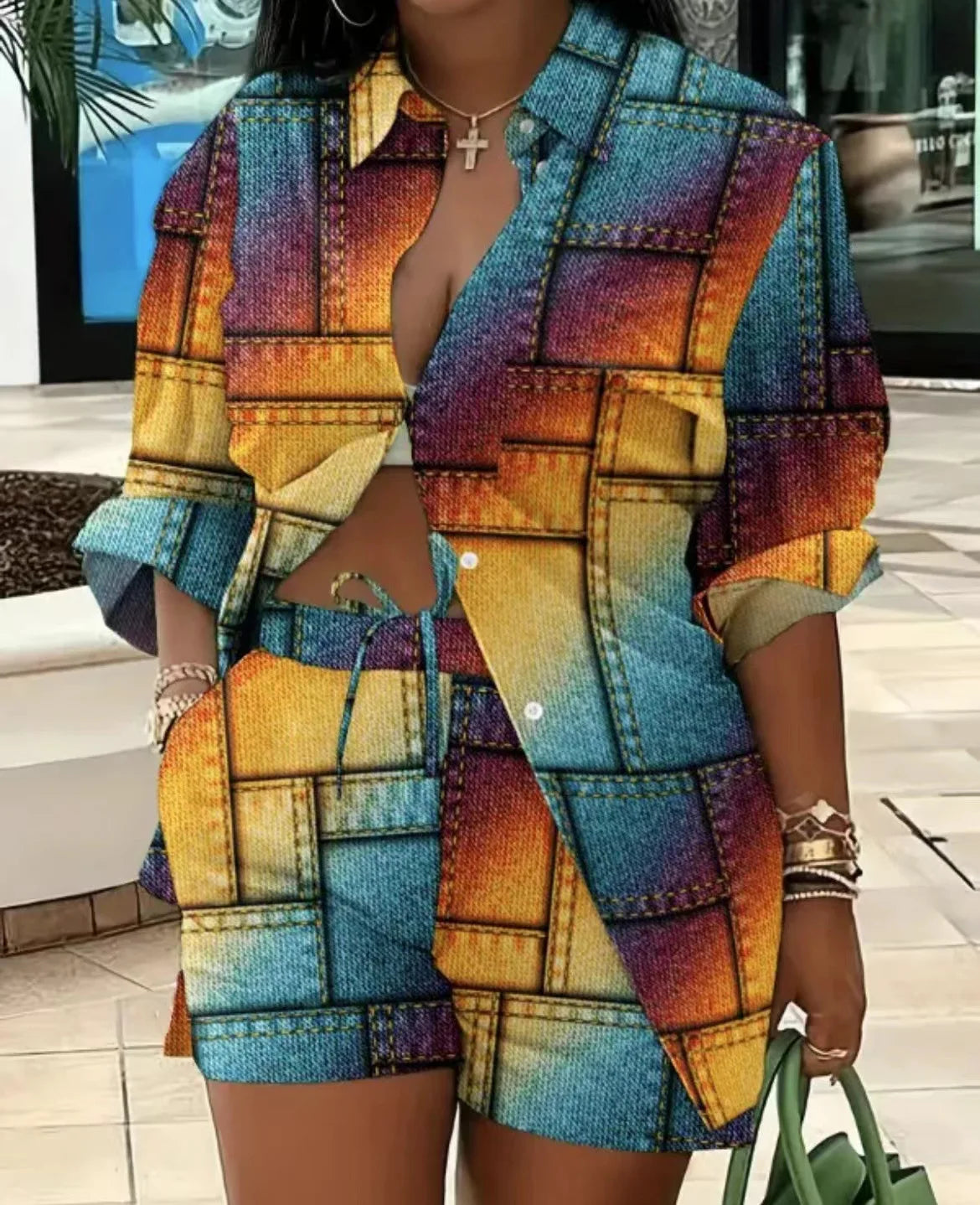 Casual Geometric Print Shirt Shorts Two Piece Set for Women