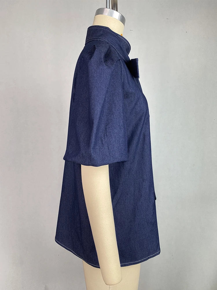 Beautyblue Denim Shirt Woman Short Sleeve Bow-Embellished Tops Summer Casual Streetwear Buttoned High Neck Puff Sleeves Blouses
