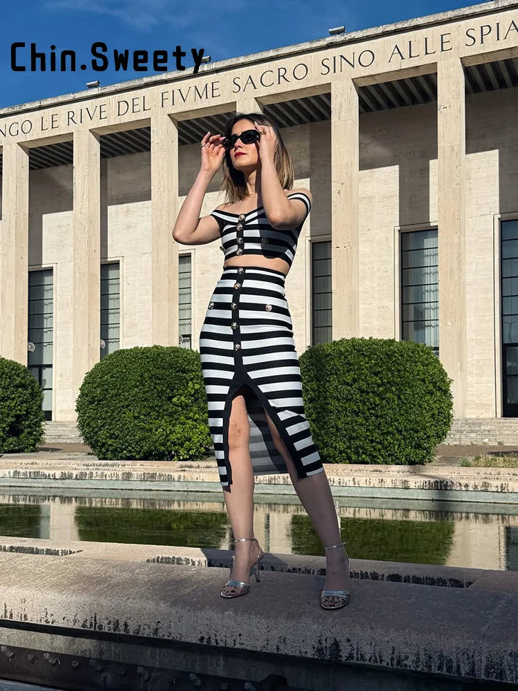 Striped Off Shoulder Sleeveless Two Piece Set For Women