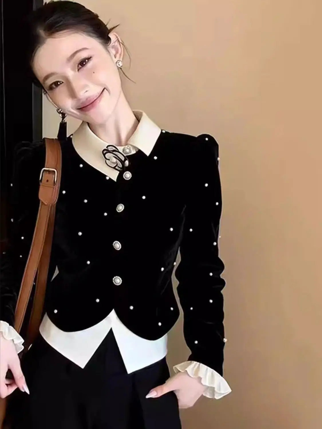 Elegant Single Breasted Long Sleeve Velvet Shirt for Women