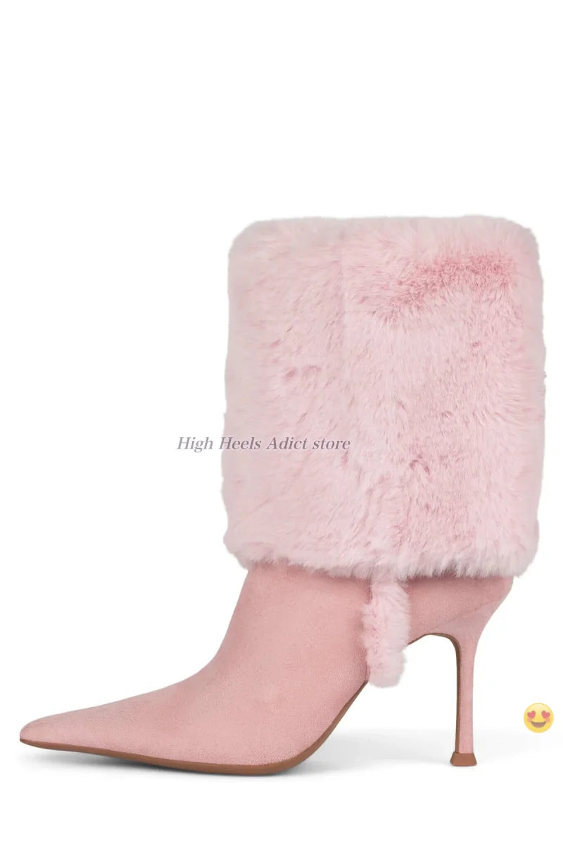 Pointy Toe Suede Fur Lined Slip On High Heel Ankle Boots For Women