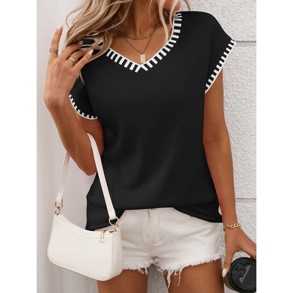 2025 Summer Women's Striped Ribbed Knitted V Neck Short Sleeve T-Shirts Femme Fashion Colorblock Casual Tops Streetwear