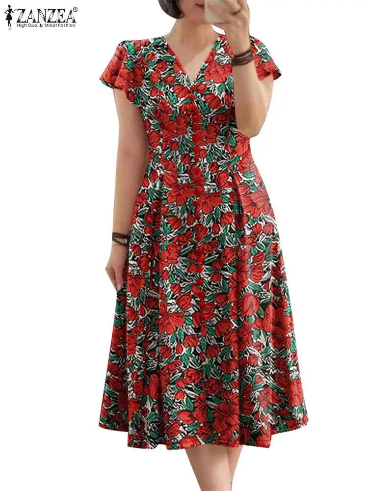 Floral V-Neck Ruffle Sleeve Midi Dress