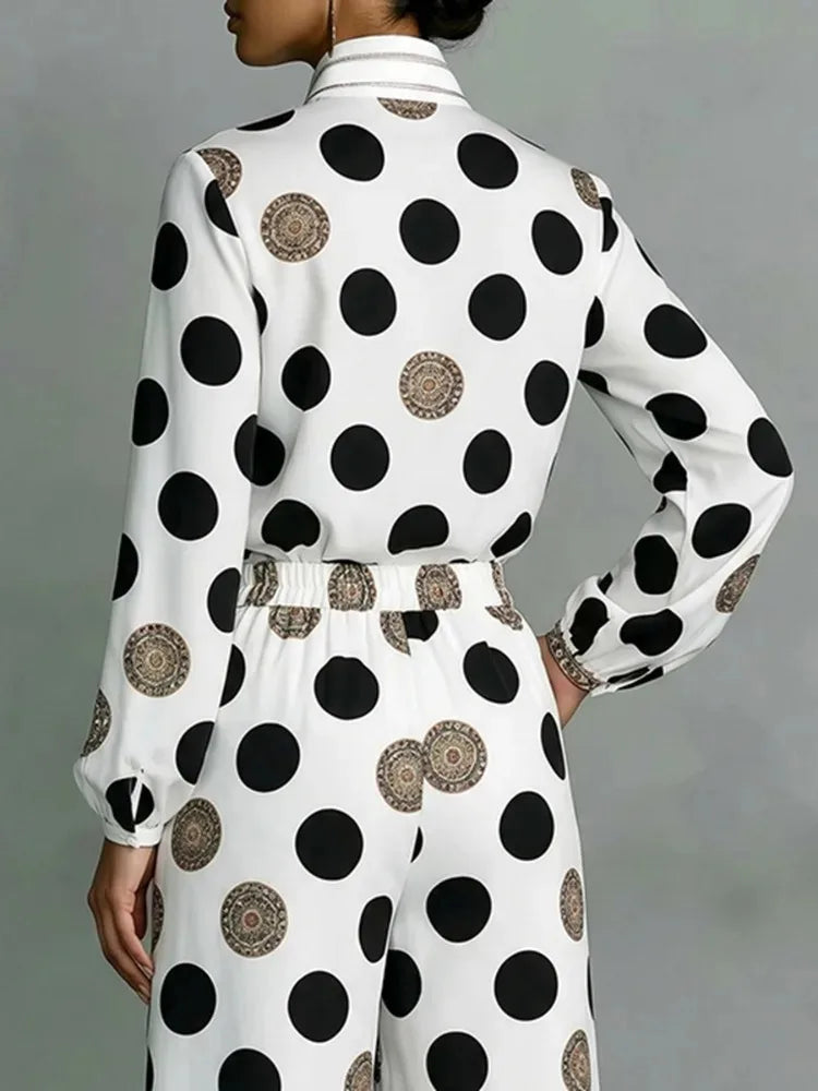 Floral Polka Dot Blouse And Wide Leg Pants Set for Women