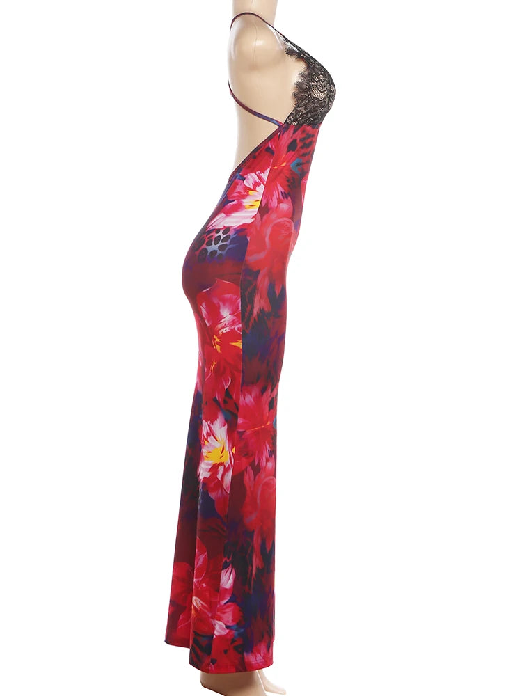 Cross Bandage Backless Sling Flower Print Lace Patchwork Dress for Women