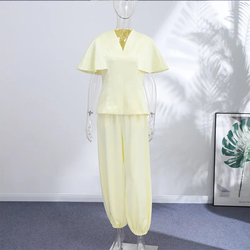 Casual V-Neck Top and Wide-Leg Pants Set for Women