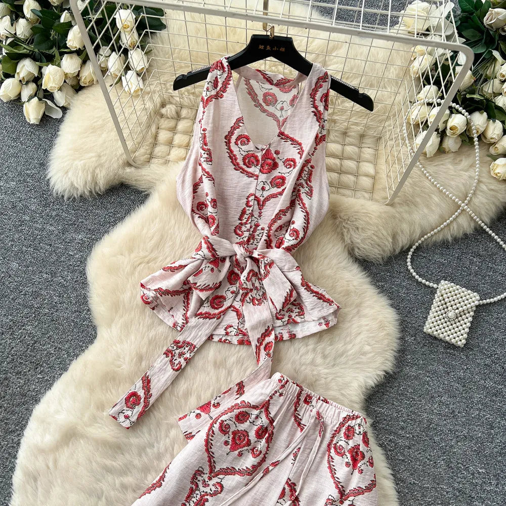 Boho Print Lace-Up Tank Top and Wide-Leg Pants Set for Women