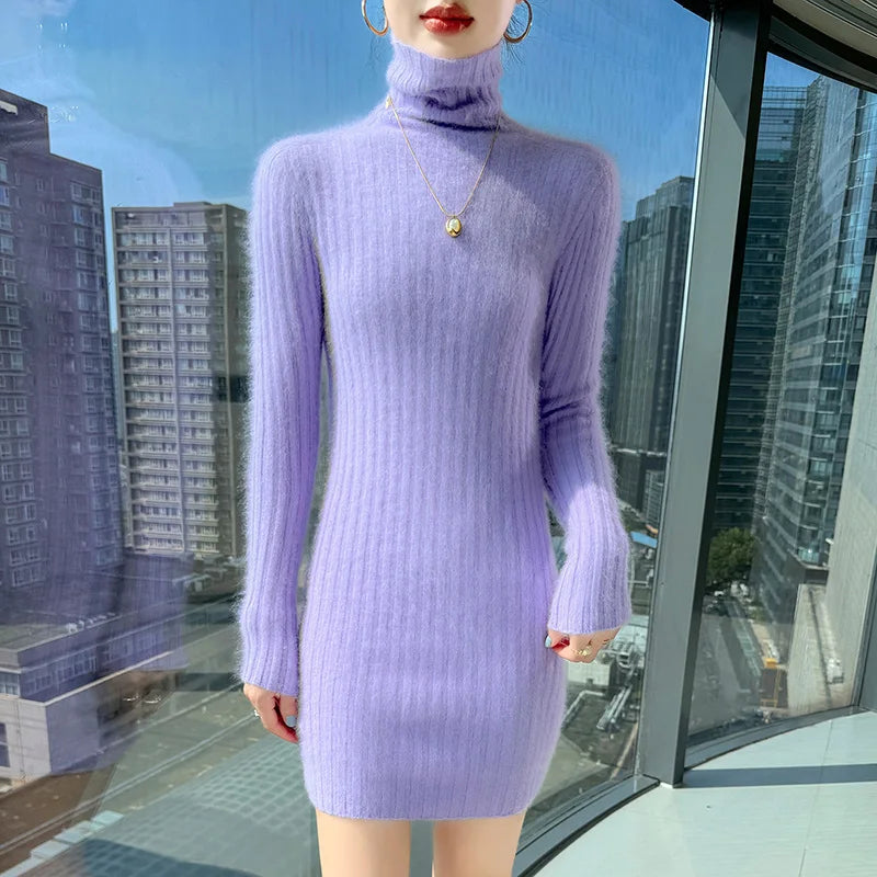 High Neck Slim Fit Stretch Knit Mini Dress for Women
