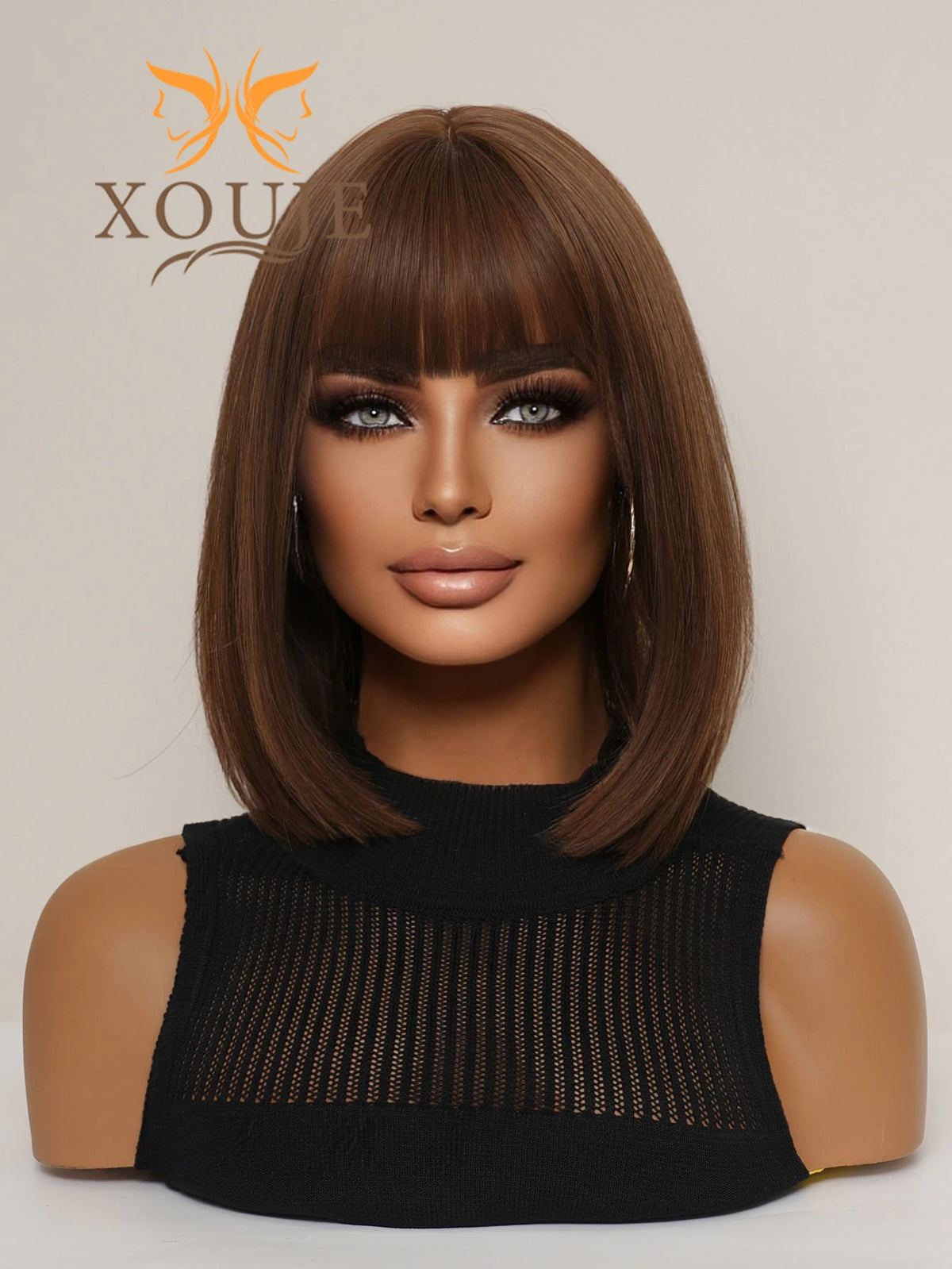Natural Brown Straight Synthetic Wig With Bangs For Women