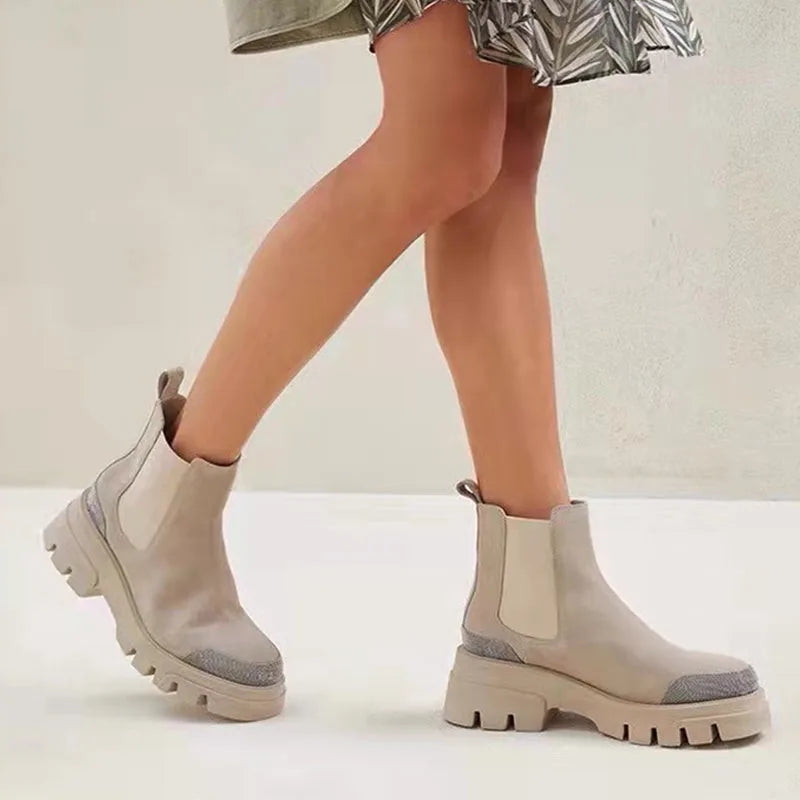 Thick Sole Suede Chelsea Boots With Round Toe For Women