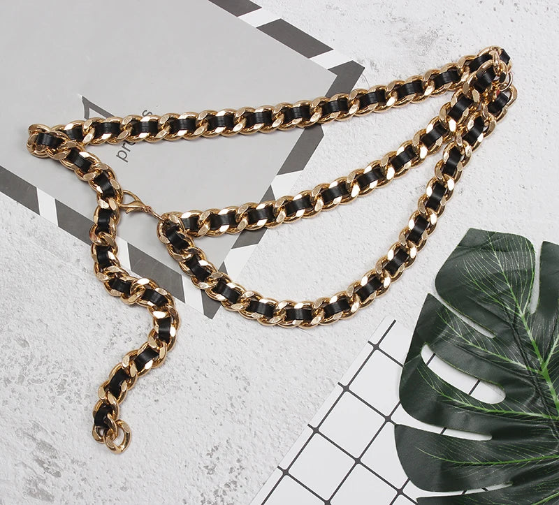 [EAM]  Pu Leather Black Metal Chain Split Joint Long Belt Personality Women New Fashion Tide All-match Spring 2025 1T186