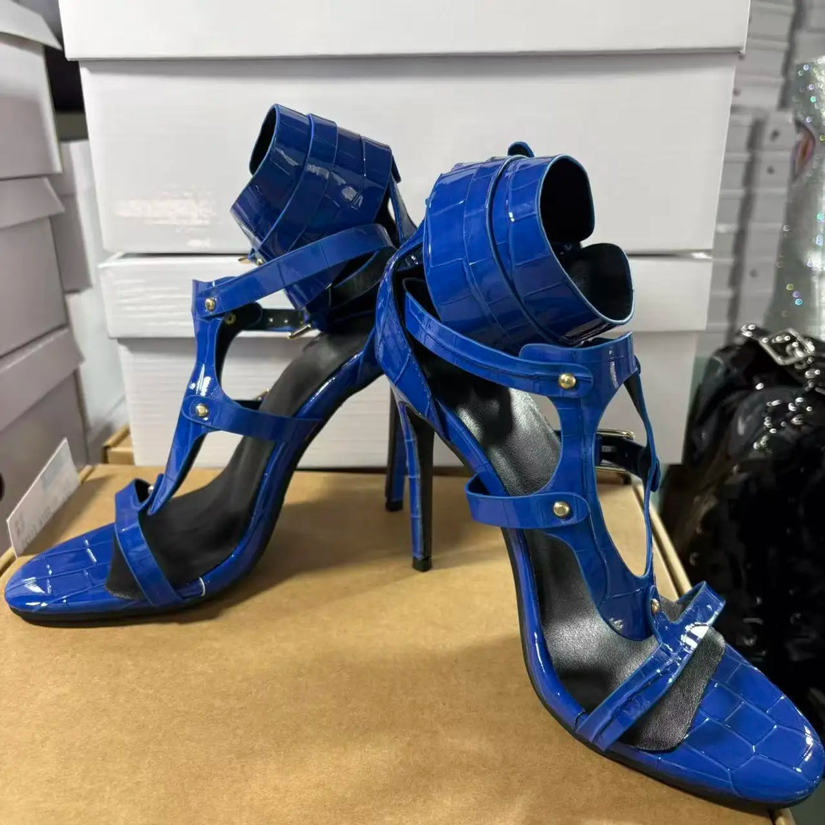 Blue Alligator Print Cutout High Heel Sandals With Buckle Strap For Women