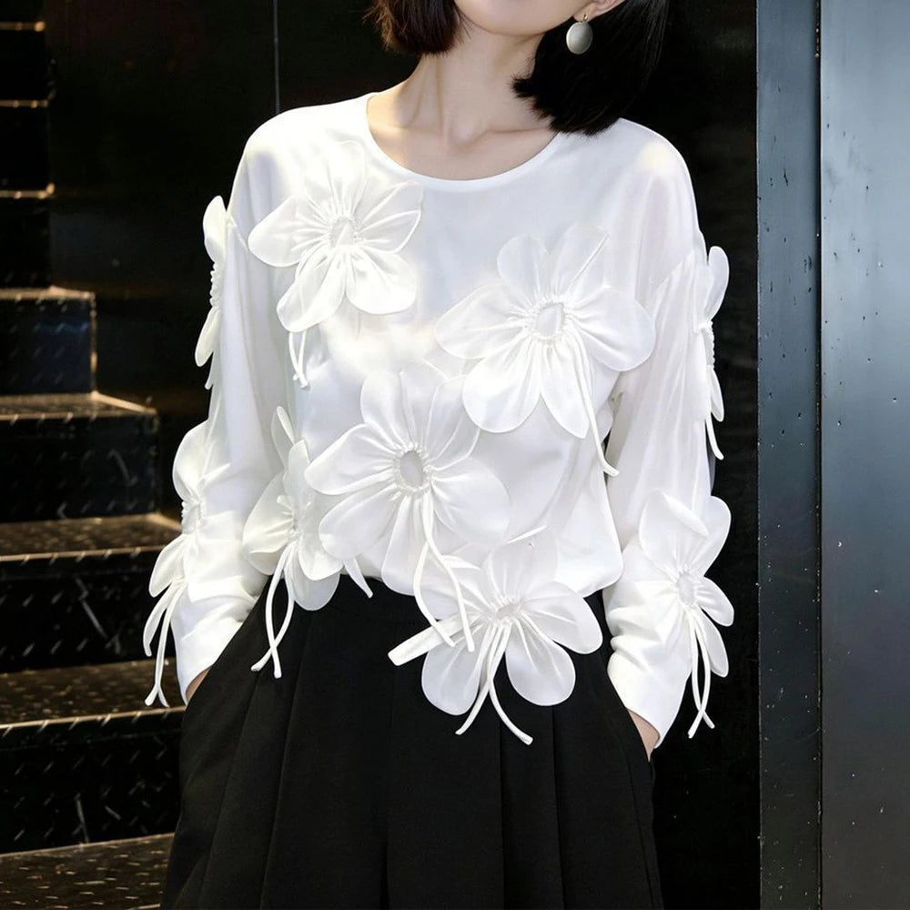 Three Dimensional Flower Lightweight Long Sleeve Top for Women
