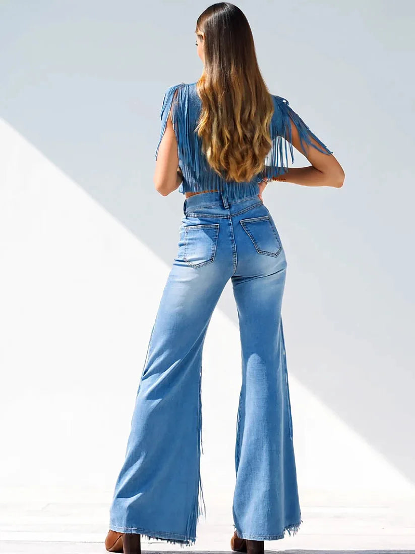 Dark Blue Loose Asymmetrical Tassel Denim Jeans For Women