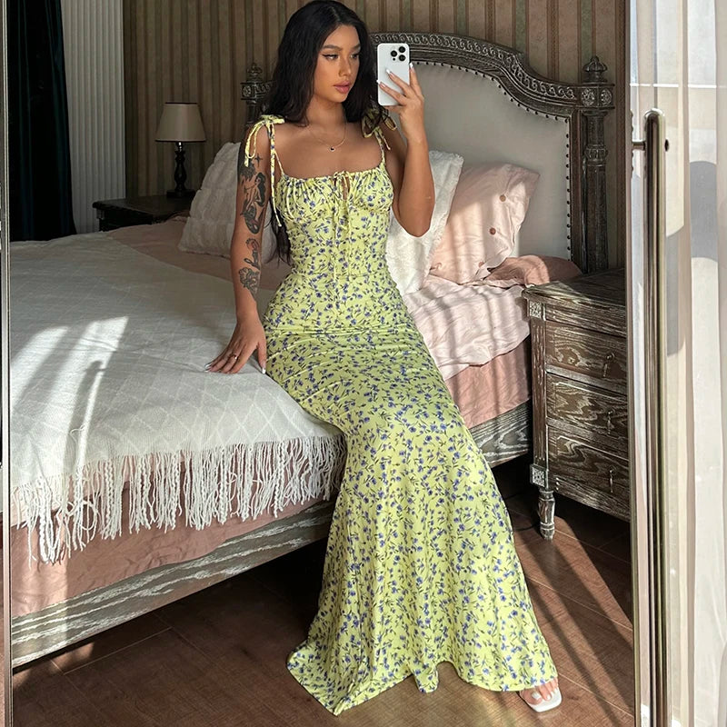Sleeveless Floral Print Lace Up Backless Maxi Dress for Women