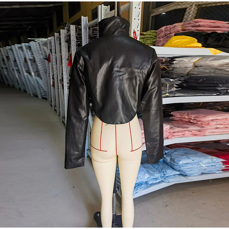 Tailored Crop Front Faux Leather Biker Jacket for Women