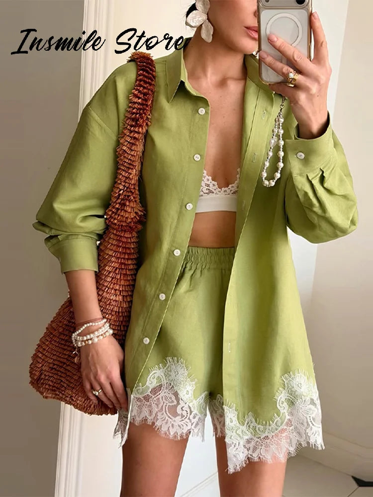Casual Loose Fit Lace Patchwork Shorts Outfit For Women