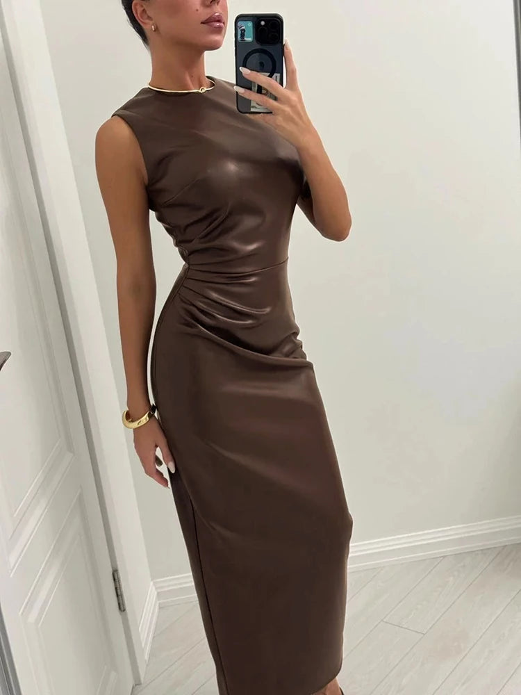 Hip-Hugging Leather Look Maxi Dress