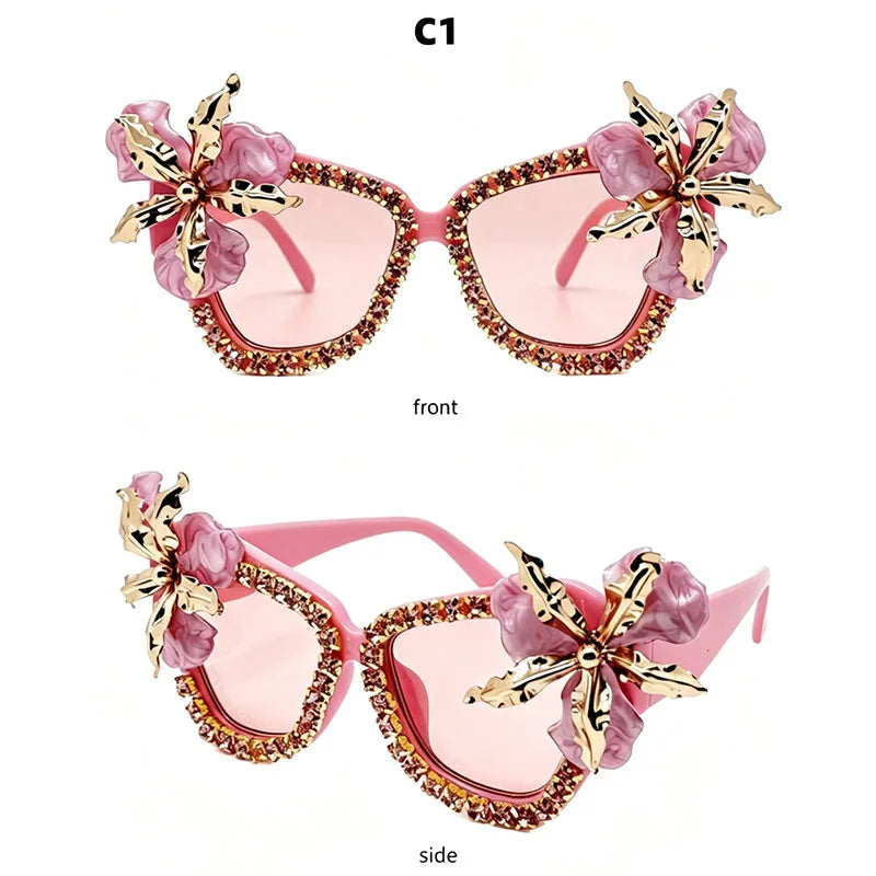 3D Flower Rhinestone Oversized Sunglasses