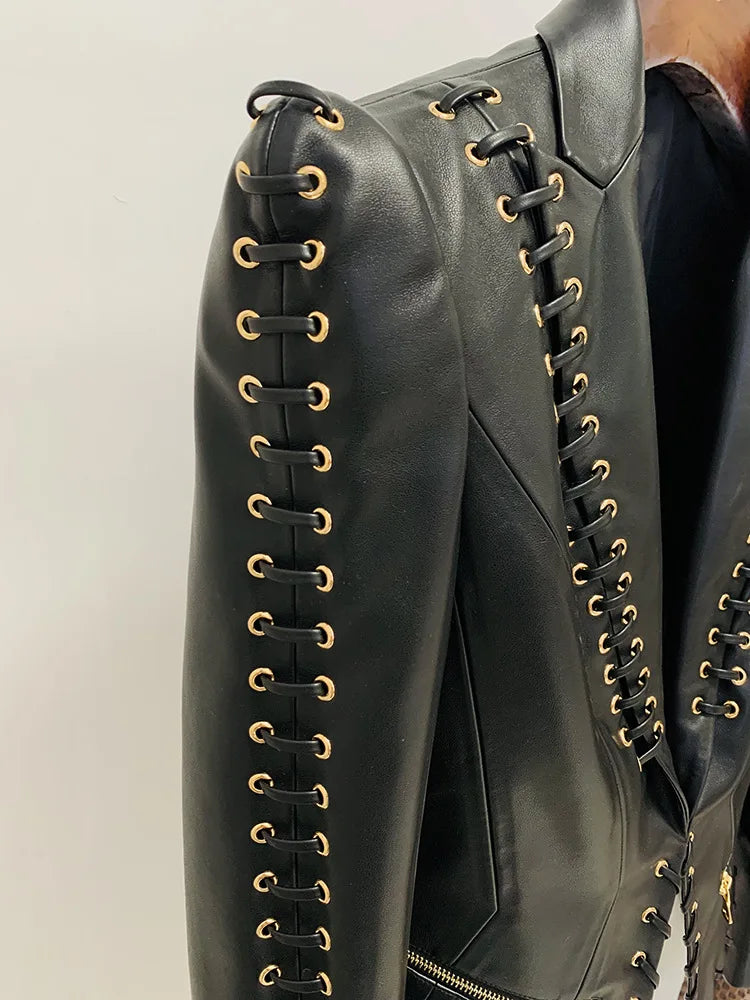 Mandarin Collar Lace-Up Faux Leather Jacket for Women