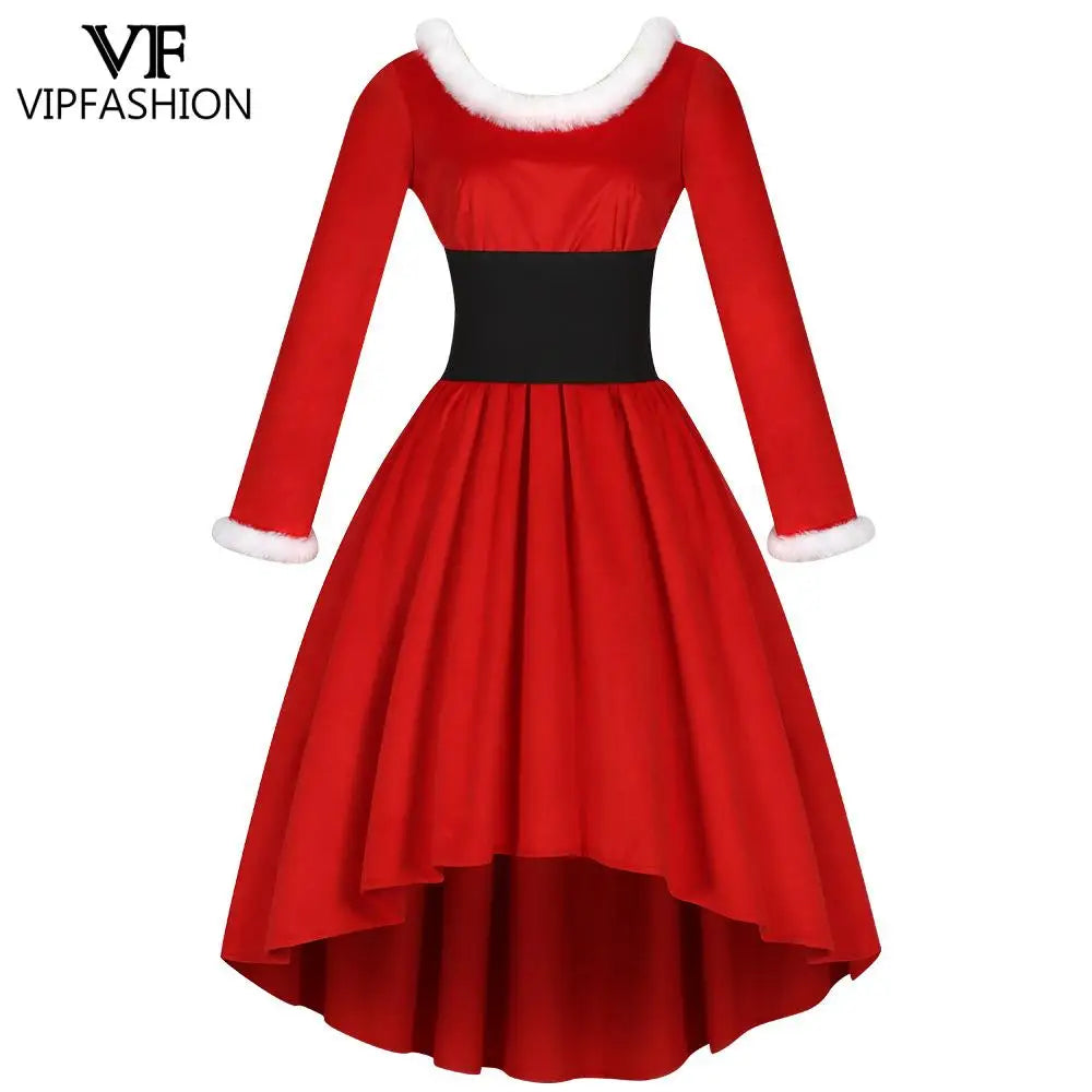 Long Sleeve Red Christmas Santa With Belt Dress for Women