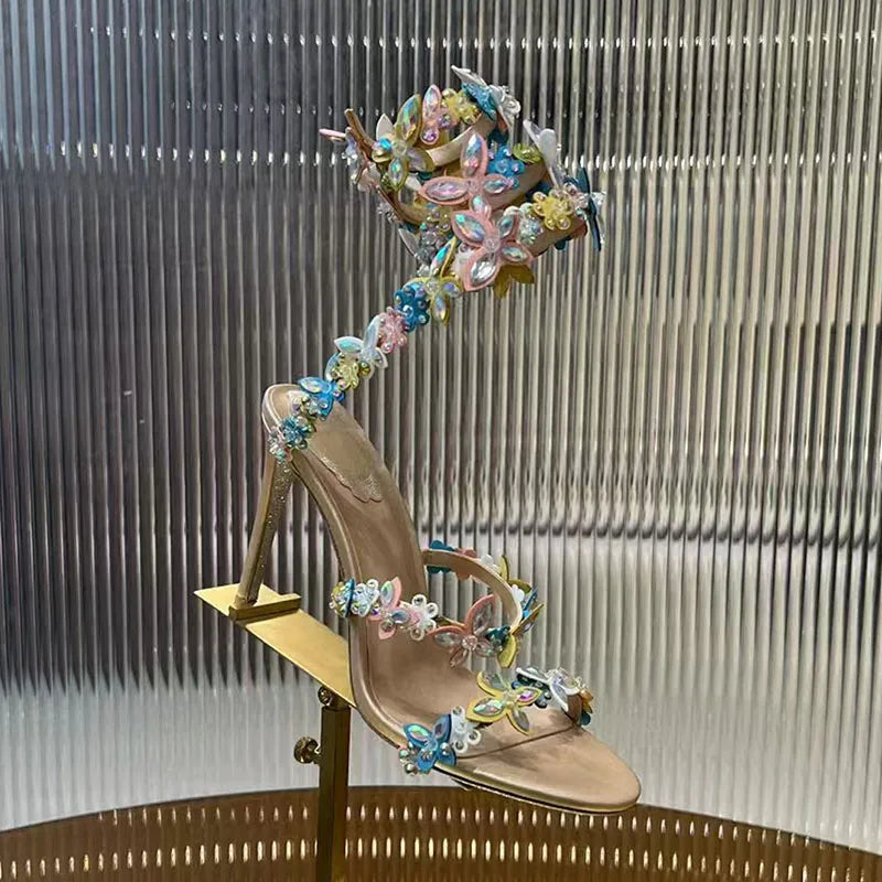 Crystal Strappy Wrap Ankle Stiletto Sandals for Women