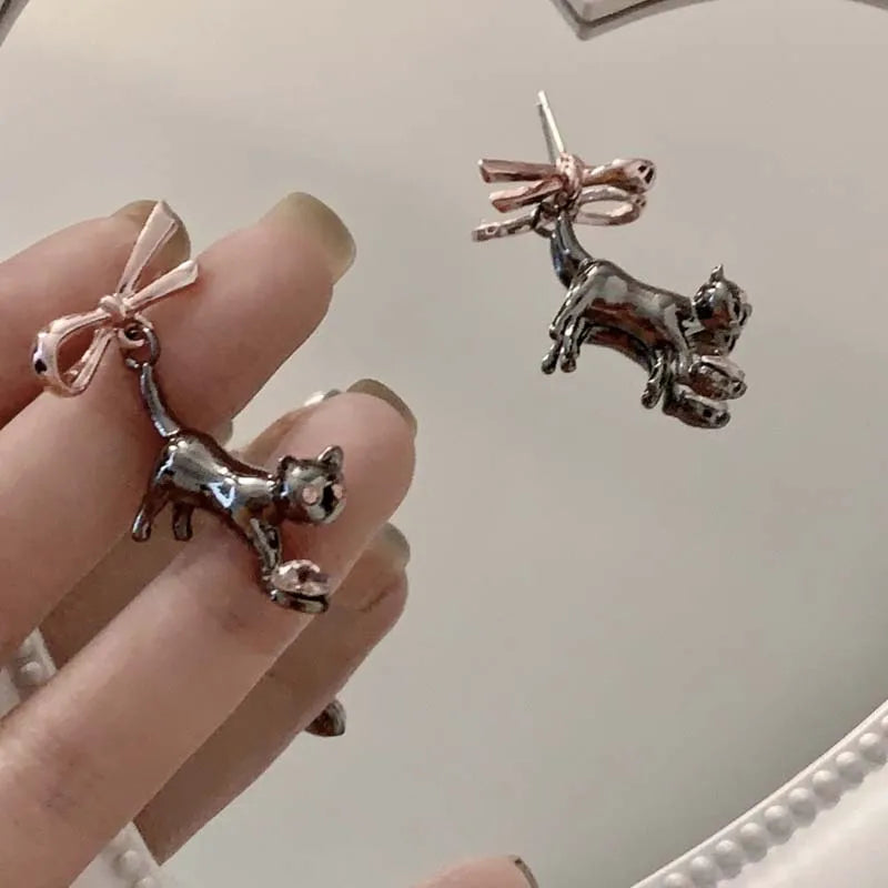 Silver Tone Cat Stud Earrings