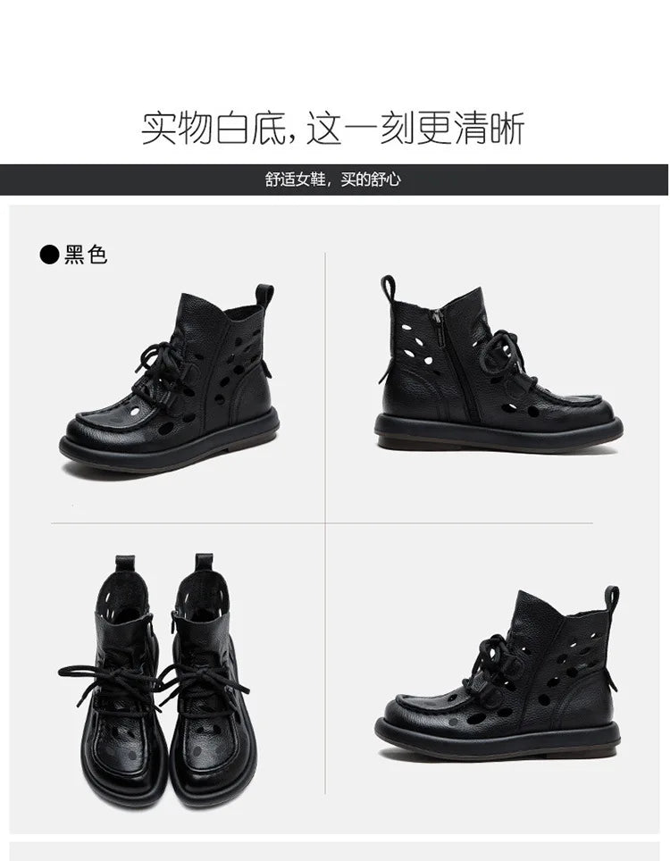 Breathable Hollow-Out Genuine Leather Ankle Boots for Women
