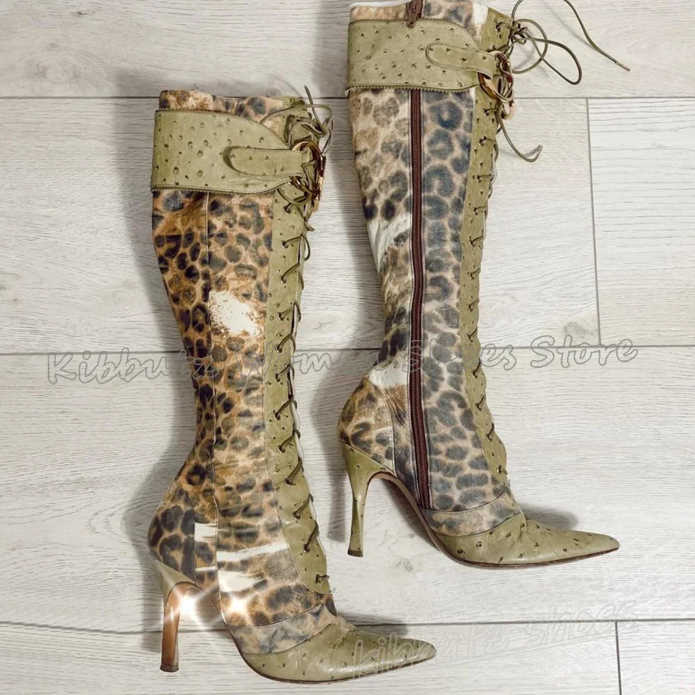 Leopard Knee High Boots Belt Buckle Lace-Up Pointy Thin Heels Luxury Elegant Concise Sexy Fashion Novelty Mixed Color Shoes New
