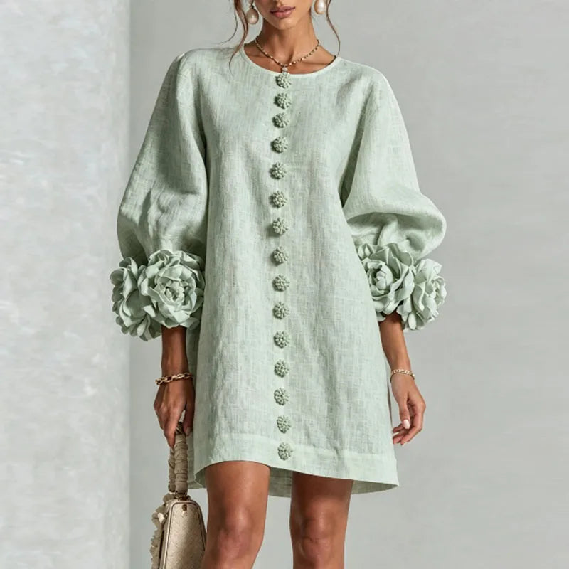 Elegant 3D Flower Bubble Sleeve Mini Dress for Women