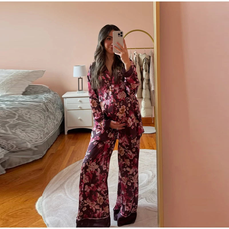 Casual Print Blouse and Wide Leg Pants Set for Women