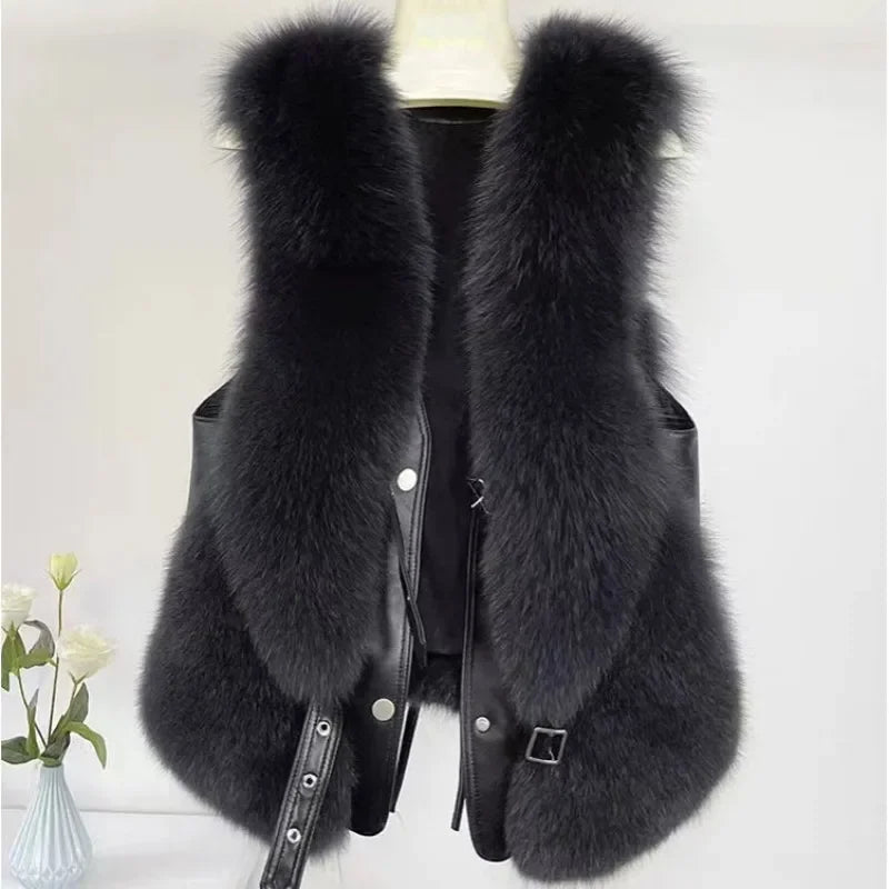 2025 Autumn Winter Women Vest Short Style Splicing Solid Color Fur Coat New
