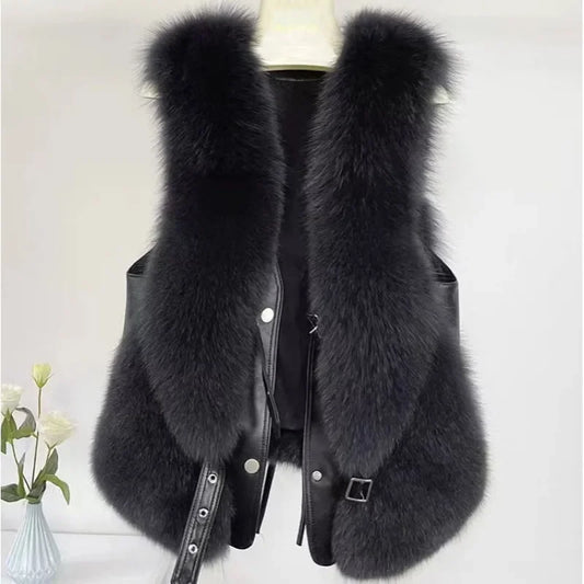 2025 Autumn Winter Women Vest Short Style Splicing Solid Color Fur Coat New