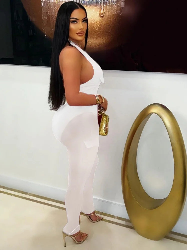 Solid Halter Neck Backless Sleeveless Zip Up Jumpsuit for Women