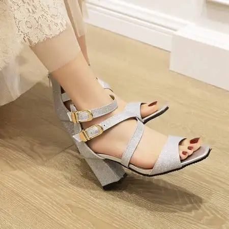 Square Heel Buckle Cross Strap Sandals