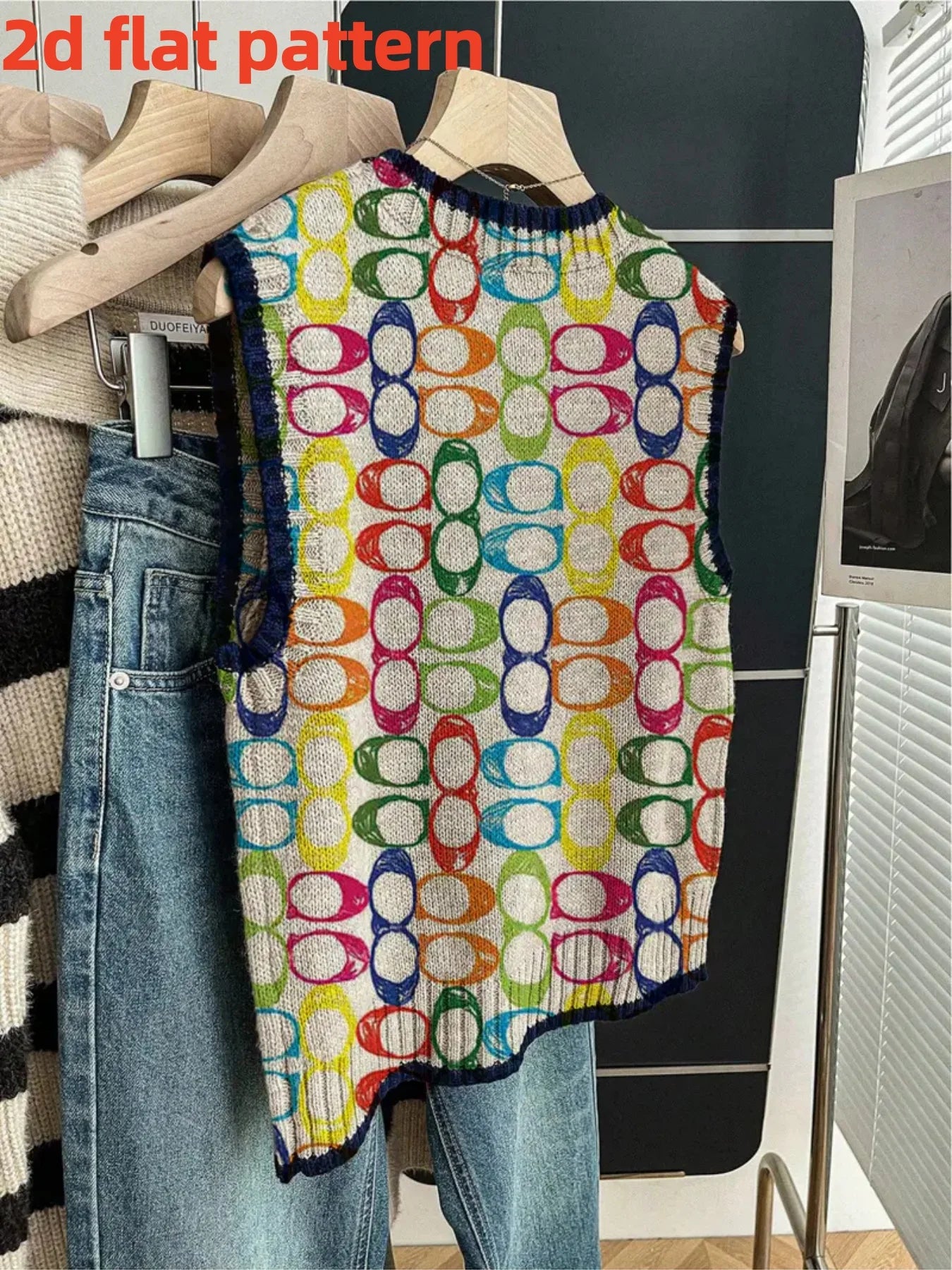 Digital Print Round Neck Four-Season Knit Vest for Women