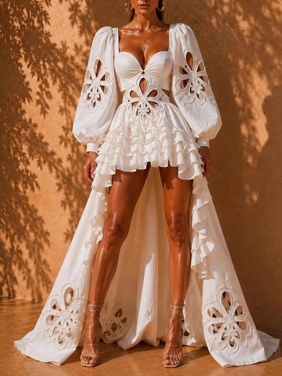 White Floral Cutout Puff Sleeve Gown With Asymmetric Train for Women