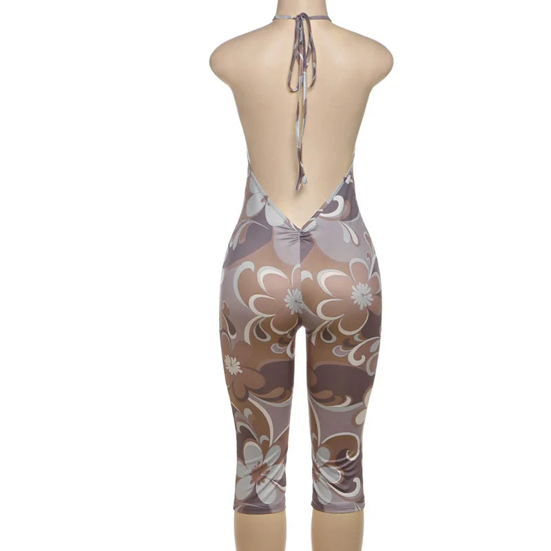 Floral Backless Halter Sleeveless Romper for Women