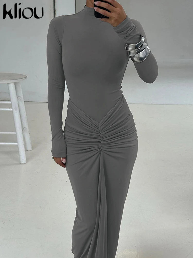 Shirred High Neck Long Sleeve Maxi Dress for Women