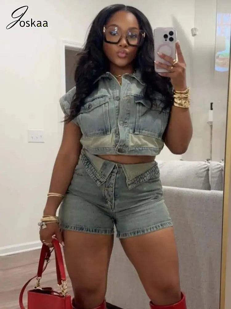 Joskaa Patchwork Stretch Denim 2 Piece Sets Women Lapel Button Pocket Tank Tops and Irregular Shorts Matching 2025 Streetwear