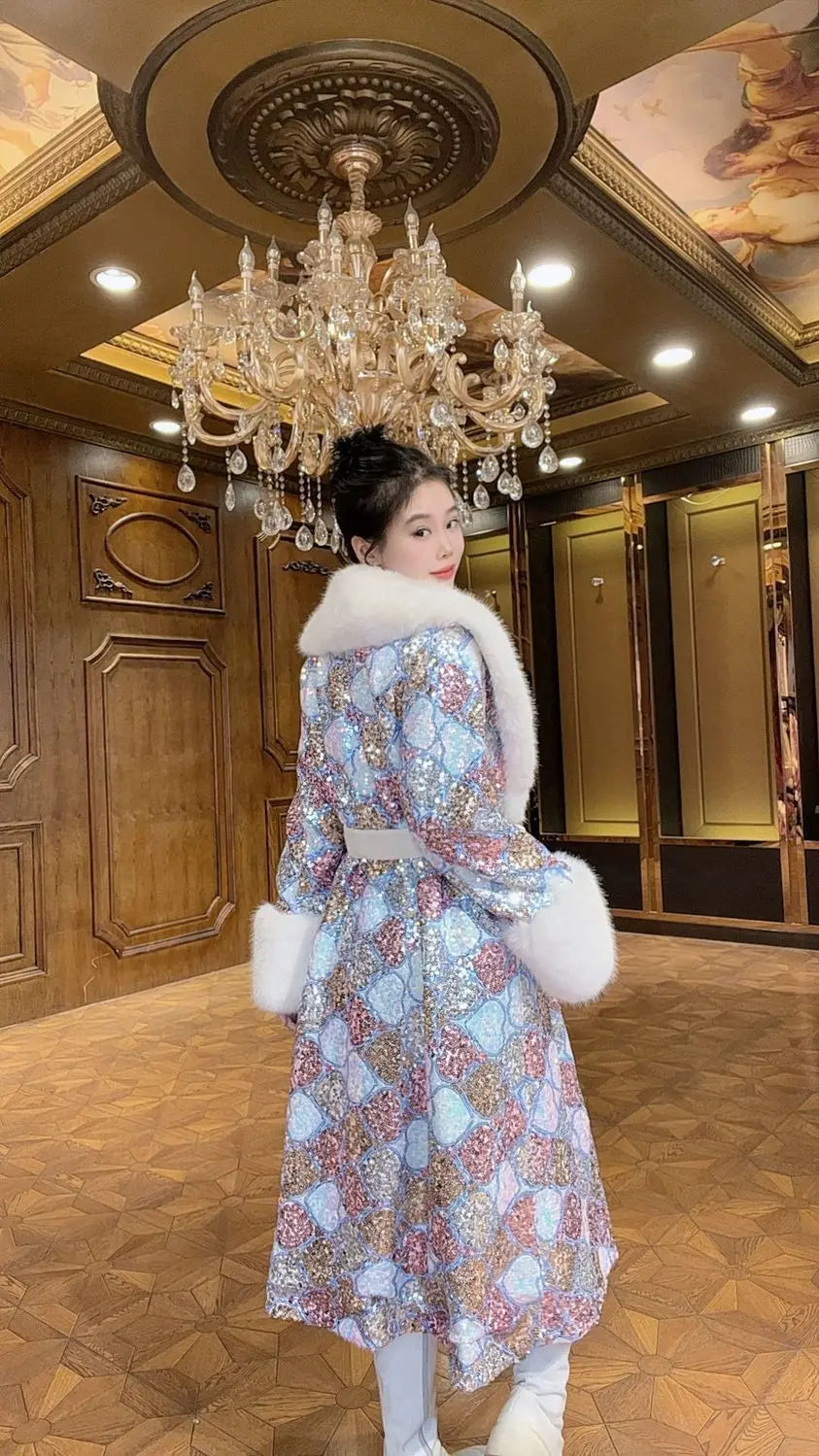 Faux Fur Coat for Women,Adjustable Waist Long Jacket,V-Neck Outwear,Sequins,Spliced,Luxury,Autumn and Winter
