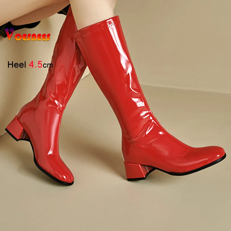 Red Patent Leather Square Toe Knee-High Boots for Women
