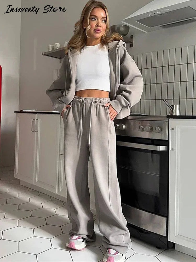 Casual Hooded Jacket and Wide Leg Pants Set for Women