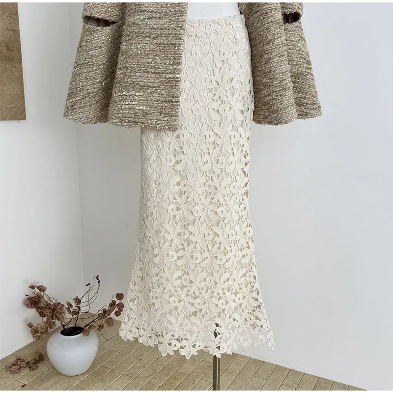 Elegant White Lace Corset Two Piece Skirt Set for Women
