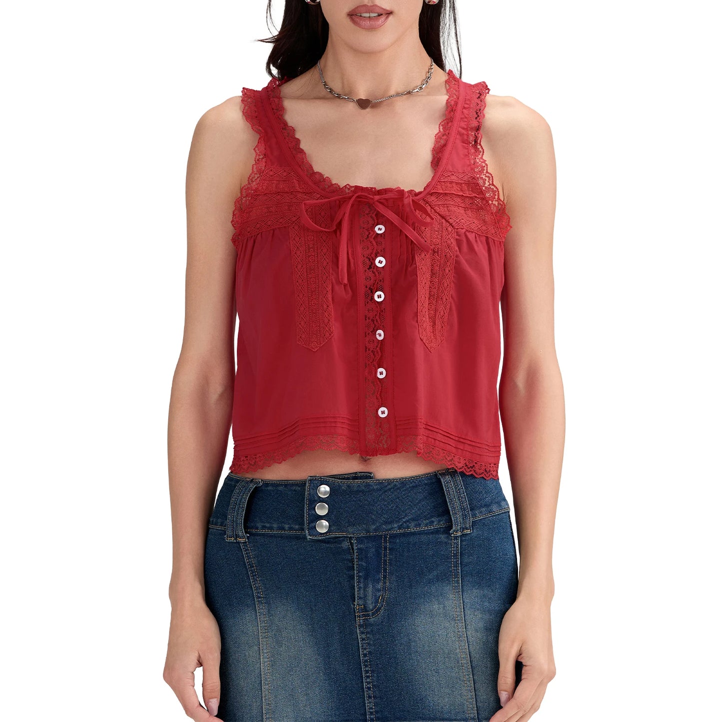 Spaghetti Strap Mesh Flowy Lace Trim Crop Top for Women