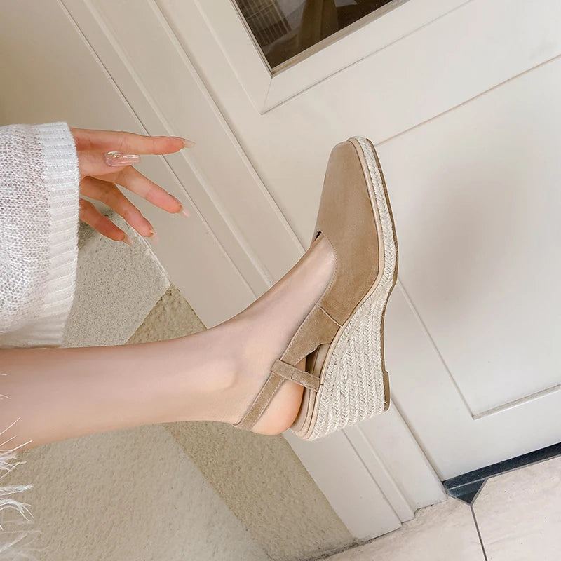 Apricot Back Strap Suede Wedge Platform Sandals for Women