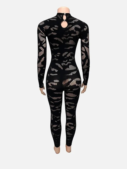 Peach See Through Jumpsuit With O Neck And Long Sleeves for Women