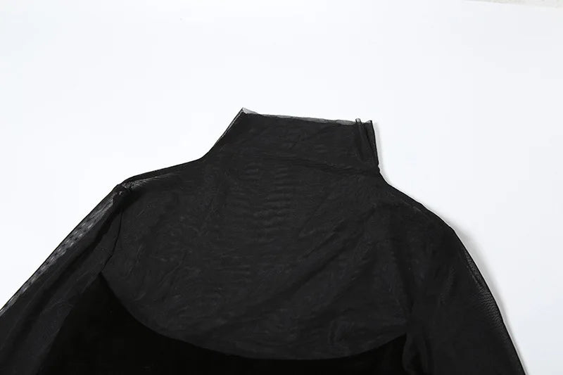 Cryptographic Long Sleeve See Through Mesh Dress Velvet Fashion Club Party Gown Black Turtleneck Vestido Bodycon Dress Clothes