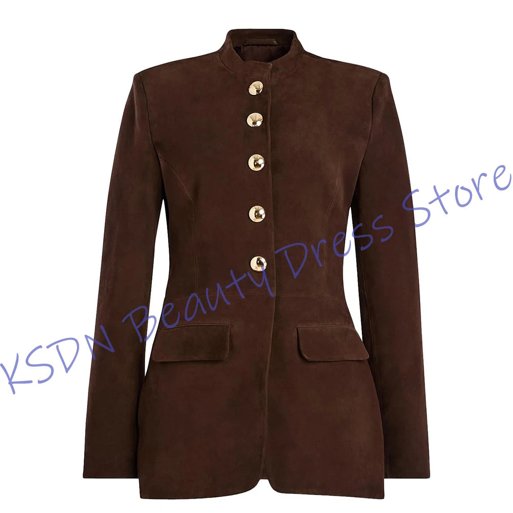 Slim Fit Suede Single Breasted Blazer And Shorts Set for Women