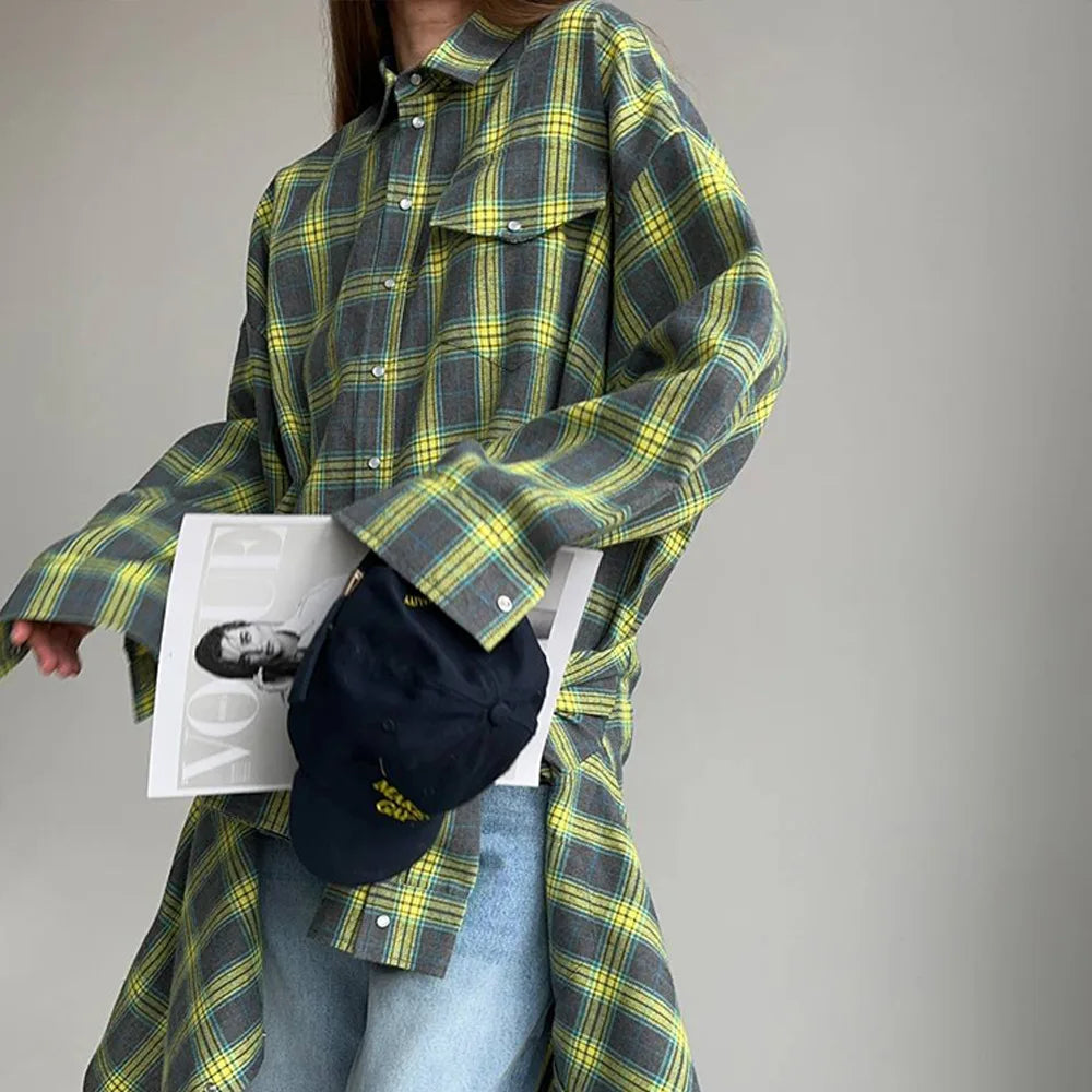 FSMG-Versatile Plaid Shirt For Women, Red Bright Grid, Oversized Blouse, Leisure And Fashionable Top, Spring And Autumn Seasons